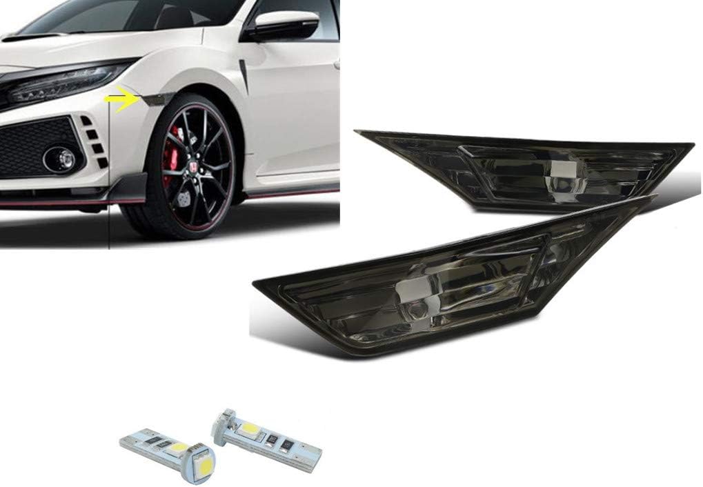 Front SIDE MARKER SIGNAL LAMPS + T10 SMD LED BULBS FOR 2016-2021 HONDA CIVIC (Smoked Lens with LED Bulbs)
