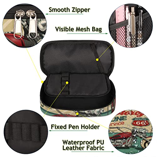 Image of Retro Motorcycle Poster Pencil Case Pen Holder Large Capacity Stationery Organizer Pen Bag with Zipper Pencil Pouch Makeup Brush Bag for Adult Teen Boy Girls Students School College Work Office
