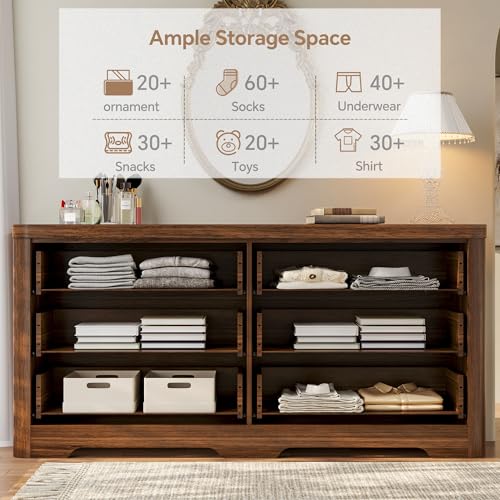 Image of FUSUNBAO Fluted 6 Drawer Dresser, Modern Wood Dresser for Bedroom,TV Stand,Thickened Curved Profile Design,Bedroom,Entryway,Wood Drawer Organizer (Dark Walnut)