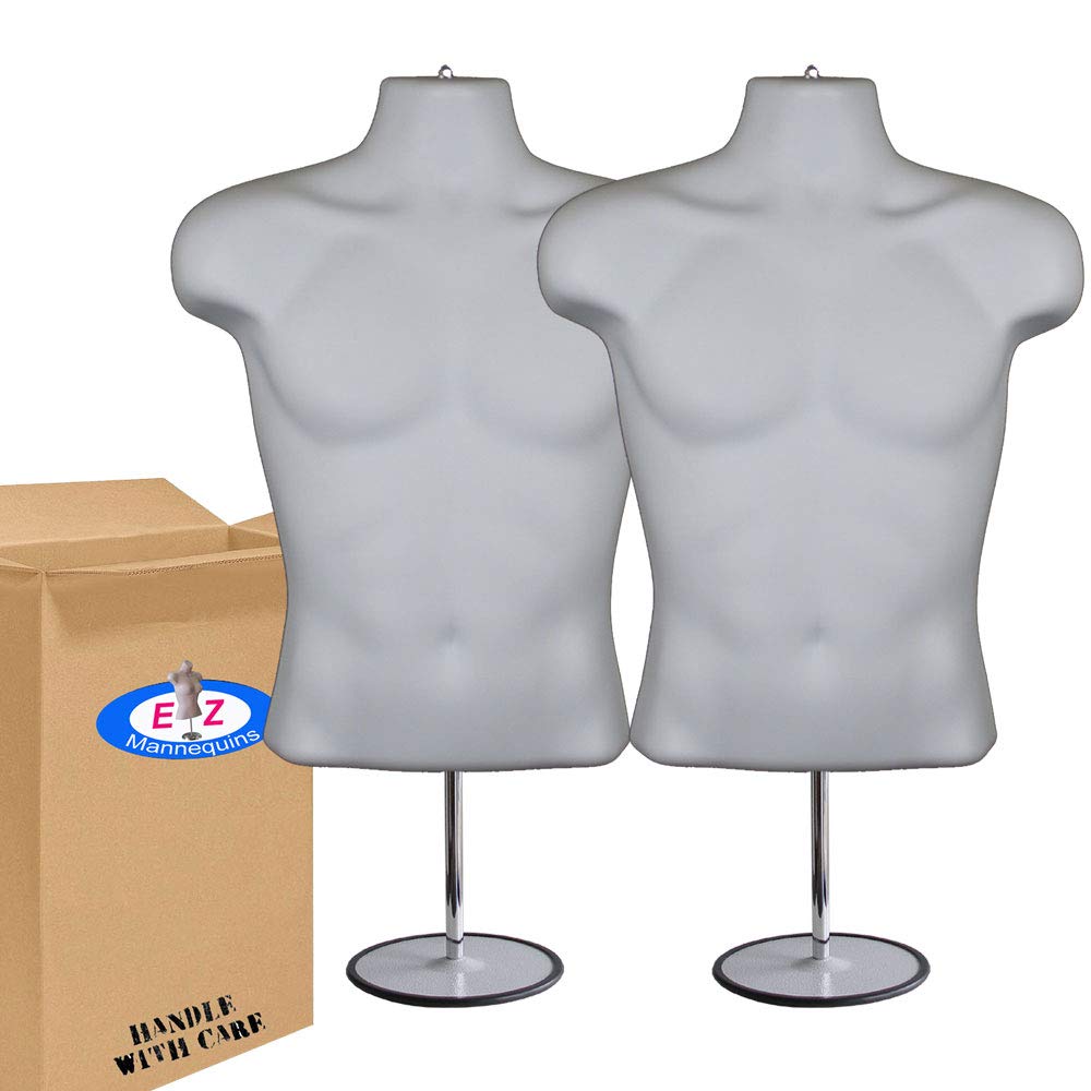 Photo 1 of 2-Pack Male Mannequin Torso, Dress Form Hollow Back Body Tshirt Display, w/Stand for Counter by EZ-Mannequins for Craft Shows, Photos or Design, Easy to Assemble and Store, S-M Clothing Sizes, White.