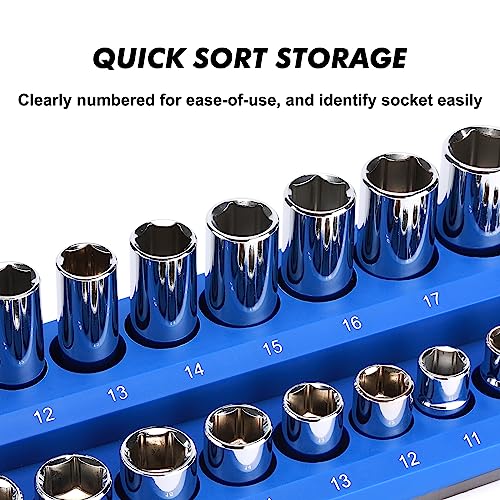 Casoman Magnetic Socket Organizer, 3 Piece Socket Holder Kit, 1/2-Inch, 3/8-Inch, 1/4-Inch Drive, Holds 75 Metric Sockets, Blue Color, Professional Quality Tools Organizer, Socket Not Included #TOP3