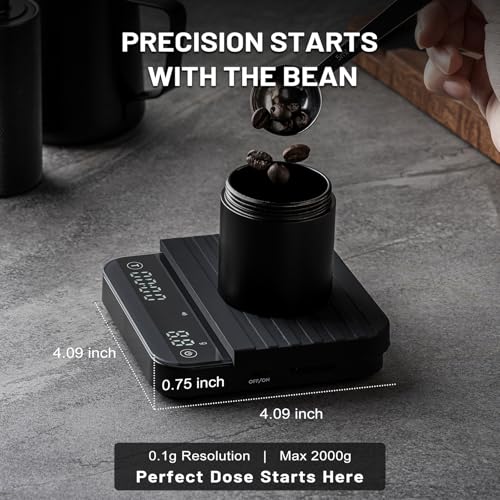 Image of KitchenTour CafeMetric Coffee Scale with Timer 0.1g /2000g - Precision Small Scale for Espresso & Pour Over - Mini Scale with LED Display Recharge Black