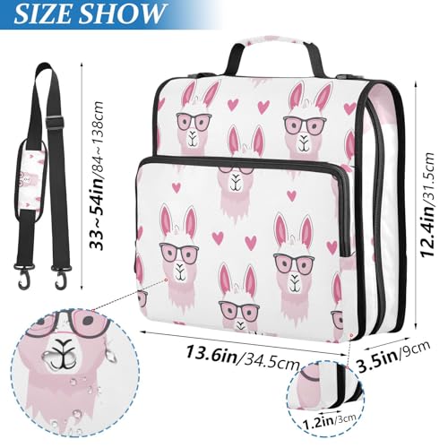 Image of Funny Llamas Pink Glasses Zipper Binder Bag 3 Ring Binder with Shoulder Strap Zip Up 500 Sheets Capacity Multi Pockets for School Office Supplies