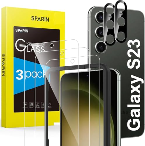 SPARIN 3+2 Stück Schutzfolie für Samsung Galaxy S23 3 Stück Samsung S23 Panzer Schutz Glas und 2 Stück Kameraschutz mit Rahmen Positionierhilfe Fingerabdruck-ID Unterstützen HD-Klar