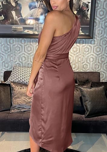 Image of PRETTYGARDEN Women's Summer One Shoulder Ruched Satin Dress Sleeveless Wrap Spring Wedding Guest Cocktail Midi Dress