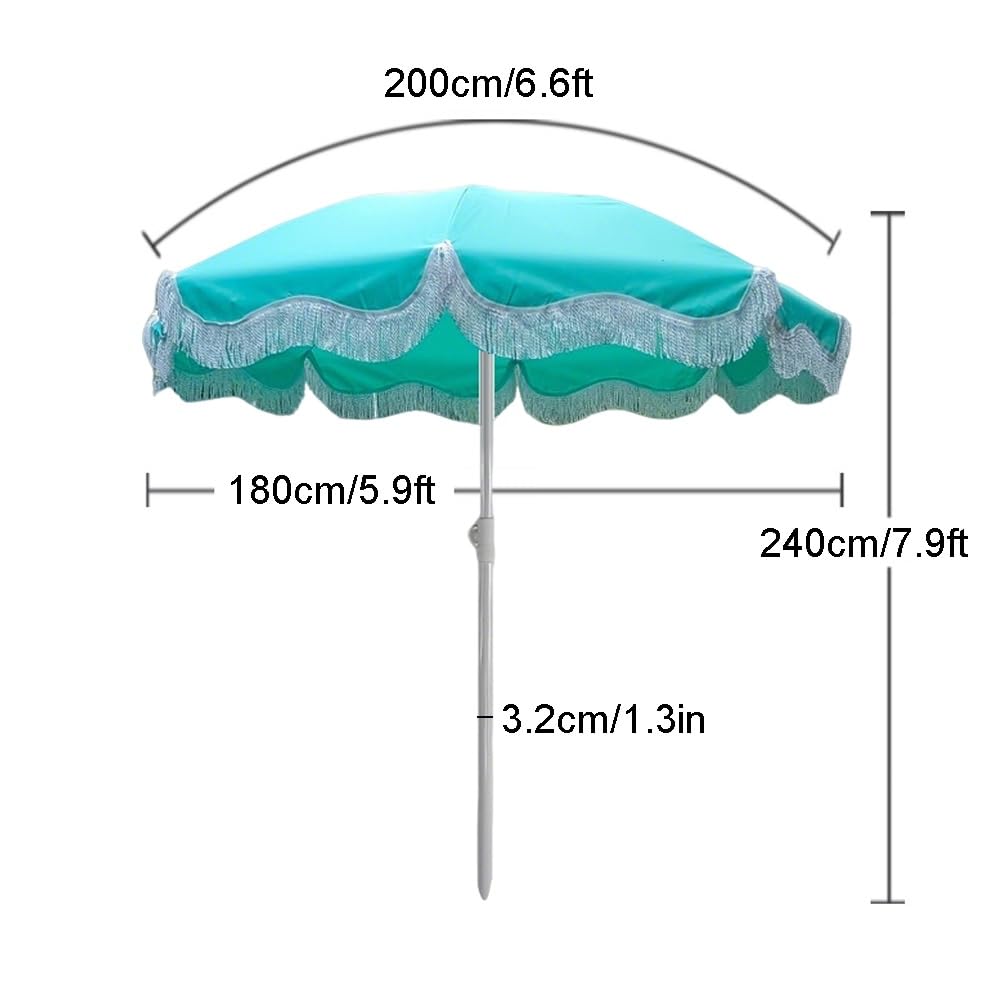Parasol plażowy z frędzlami 200 cm, przenośny parasol ogrodowy z składany, uchylnym i regulowana wysokość, UPF 50+, wodoodporny