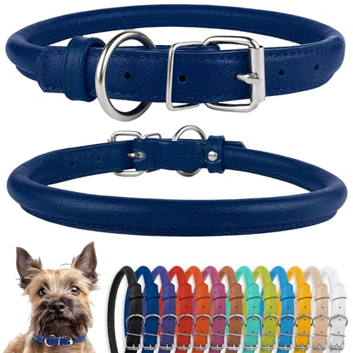 CollarDirect Collare per cani arrotolato in pelle, morbido collare rotondo imbottito per cuccioli, collare fatto a mano in vera pelle per cani piccoli collari (6-7 pollici, strutturato blu scuro)
