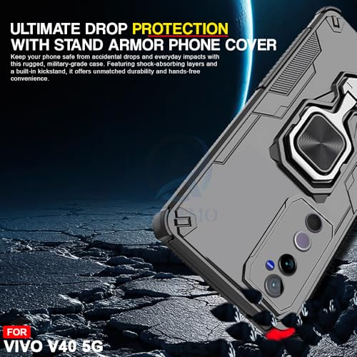 Image of AESTMO Armor Back Cover for Vivo V40 / V40 Pro / T3 Ultra 5G | Ring Holder & Kickstand & Camera Protection in-Built | 360 Degree Protection Back Case Cover For Vivo V40 / V40 Pro / T3 Ultra 5G (Black)