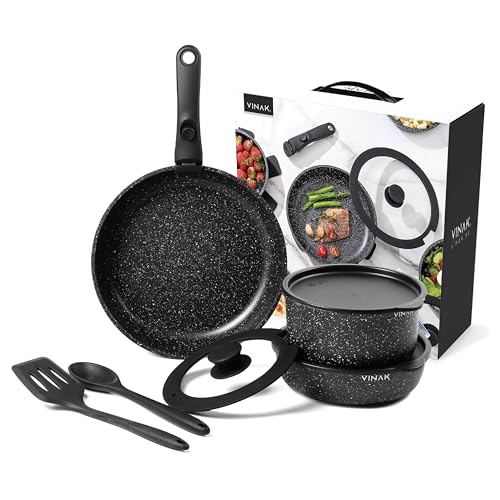 VINAK - Set di padelle con manico rimovibile - Antiaderenti - 11 PEZZI - Padella 26 cm + 20 cm, padella 18 cm, coperchi vetro/stoccaggio, utensili in silicone | induzione e forno | senza PFOA/BPA