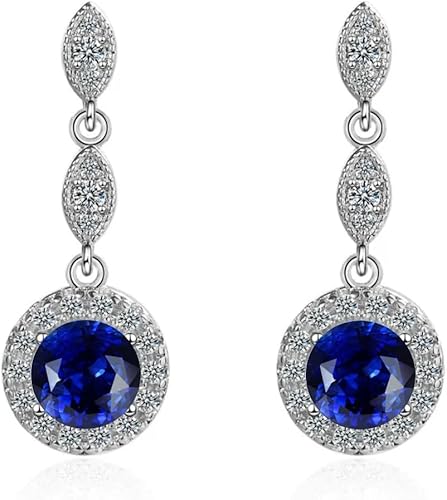 Miniatura 1 de Crystalline Azuria - Pendientes colgantes con cristales redondos de imitación zafiro azul de 18 quilates chapados en oro blanco para mujer
