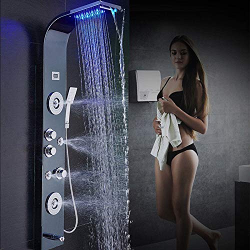 Saeuwtowy Panel de Ducha Negra Moderna Acero Inoxidable Columna de Hidromasaje Para Baño Con LED Alcachofas + LCD Pantalla de Temperatura + 5 Salida de Agua