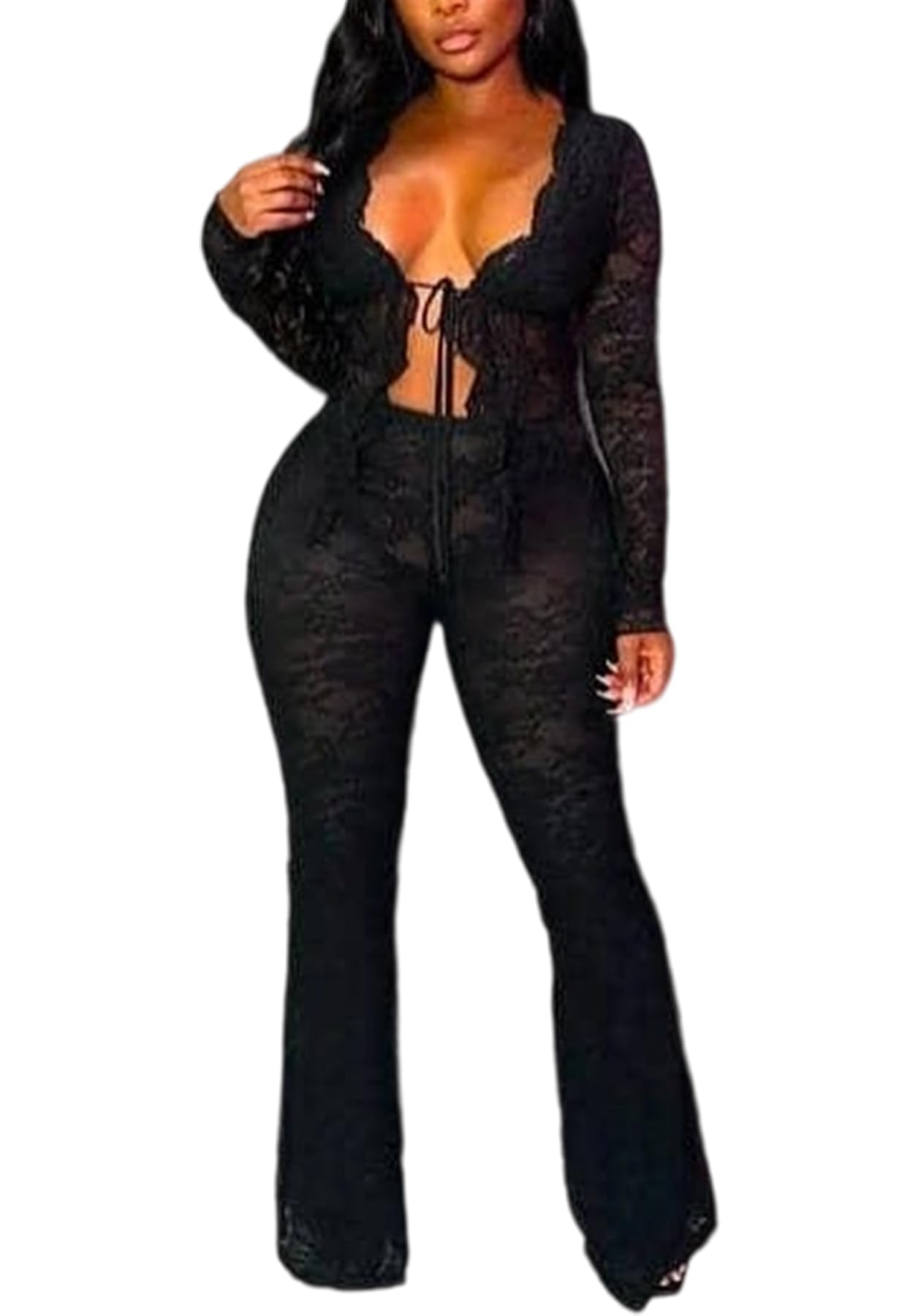 Photo 1 of Sezhgswd Women's Sexy Lace 2 Piece Set - Crop Top & Flare Pants XL