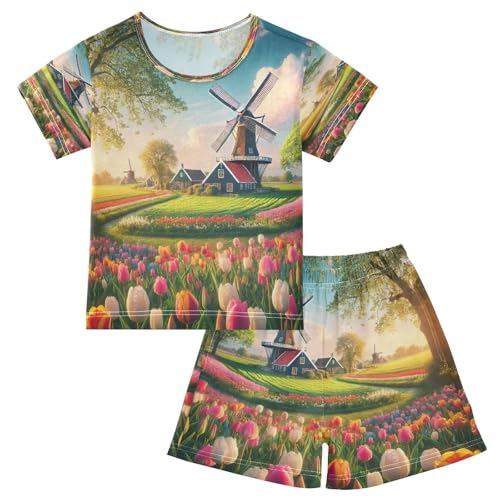 Windmill Flower Field Cute Pajama Set Short Sleeve PJS 2 Piece Summer Pajamas Shorts Sets Cotton 5Y