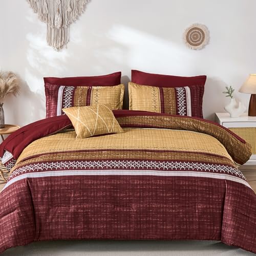 Image of Dintszyayue Burgundy King Comforter Size Set, 8 Pieces Boho Striped Texture Bed in a Bag Sets, Lightweight Soft Bohemian Comforter and Sheet Set, All Season Microfiber Bedding Sets for Men Women