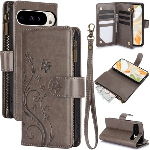 Étui portefeuille Google Pixel 8 cuir gris housse zippée anti-choc motif papillon