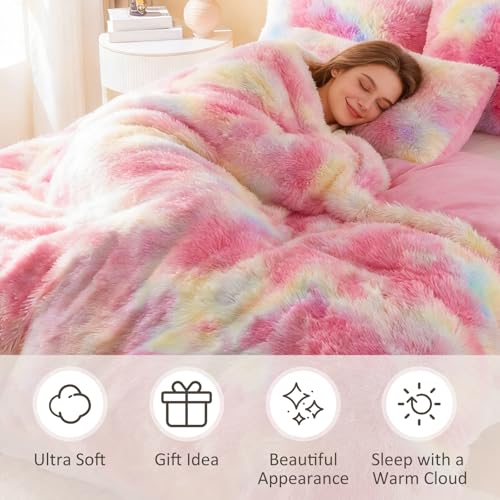 Image of EMME Luxury Fuzzy Duvet Cover Set King Size Fluffy Comforter Cover Set for King Bed 2 Pieces Shaggy and Plush Soft Bedding Duvet Covers (Rainbow Colorful Pink, King)