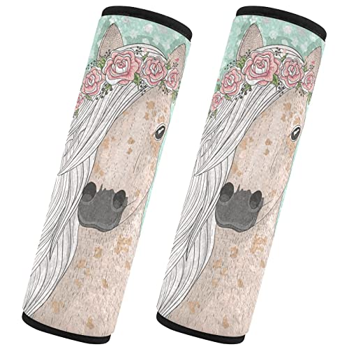 Cute Horse With Flowers Fairytale Seat Belt Covers Soft Comfort Seatbelt Cover Cushion Universal Shoulder Pads Car Seat Straps For Children Baby Girl Boy Toddler 2-Pack Protect Neck #TOP1