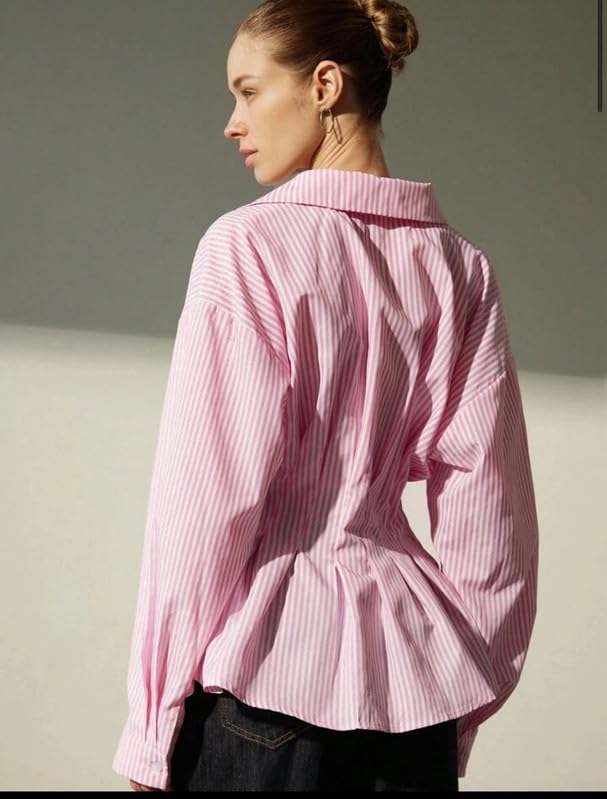 Image of Women's Pink Striped Button-Up Shirt with Cinched Waist Pleated Detailing Long Sleeves Collared Neckline Structured Feminine Casual Office Top - Pink
