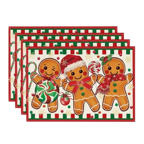 Artoid Mode Gingerbread Candy Cane Christmas Placemats Set of 4, 12x18 Inch Seasonal Table Mats for Party Kitchen Dining Decoration
