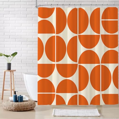 De-Mediocre Orange Mid Century Shower Curtain Sets Boho Modern Abstract Geometric Art Bath Curtain for Bathroom Waterproof Fabric Polyester Curtain with 12 Hooks 72 x 72 Inches