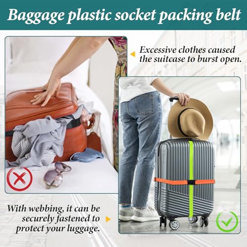 Image of FuninCrea 2 PCS Luggage Straps, 180*2.5cm Adjustable Buckle Straps Suitcase Strap Belt with Quick-Release Buckle Travel Suitcase Belt Bag Strap Accessories for Luggage Tent Backpack (Orange + Green)