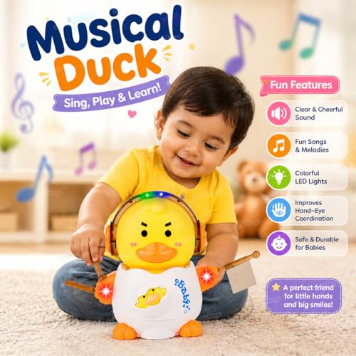 Image of Zest 4 Toyz Musical Duck Toy for Kids with Lights and Sound Bump & Go Battery Operated Animal Dancing Toy for Toddlers Boys and Girls Age 1 to 5 Years - White