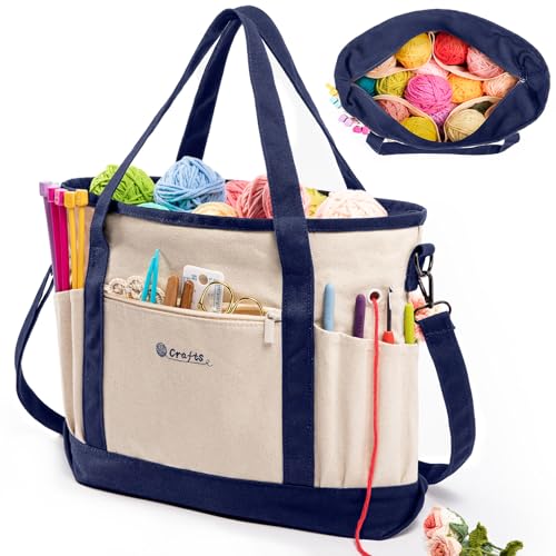 Image of MYBAGZING Canvas Yarn Storage Organizer Bag Washable Crochet Bag with Pockets for Yarn, Hooks, Needles - Travel Knitting Tote for Crafters - Gift for Crocheters & Knitters (Medium /Large)