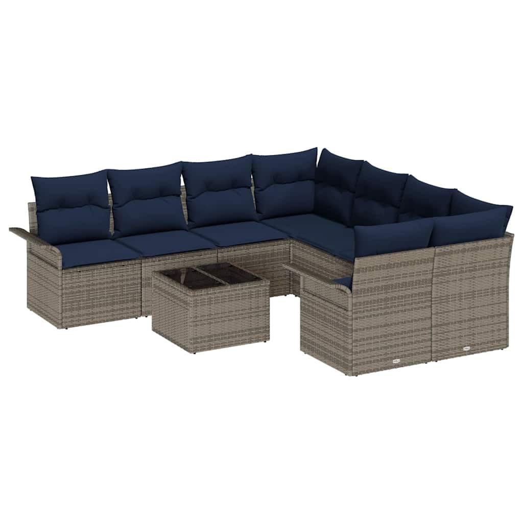 Juego de sofá modular de jardín con cojines de 9 piezas, color gris y azul marino, estructura de acero de polirratán, altura regulable, espacio de almacenamiento