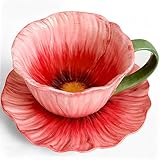 JUSONEY 10 oz Tea Cups and Saucers, Ceramic Flower-shaped Cappuccino Cup, Latte Cup and Saucer set, elegant floral Espresso Cup set, cups are microwave and dishwasher safe-Red