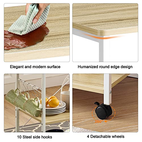 Mr Ironstone Baker's Rack, Kitchen Microwave Cart, Coffee Bar Table Station, 3-Tier Kitchen Utility Storage Shelf With Rolling Wheels Coffee Cart Kitchen Microwave Stand With 10 Hooks, Light Beige #TOP6