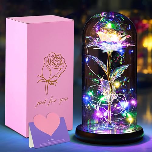CIRULLI Kit de Rosas,La Bella y La Bestia Color Encantada,Elegante Cúpula de Cristal con Base Pino Luces LED,Día de la Madre Mujer Novia Cumpleaños Día de San Valentín Boda Dia de la Mujer