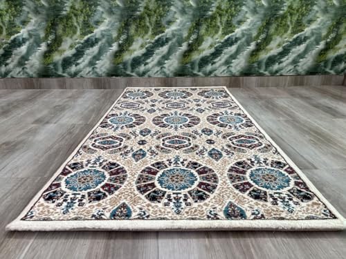 Image of Premium Runner Carpet, Vintage Medallion Pattern, Non Slip, Thick, Ideal for Bedroom, Living Room & Entryway, 3x5 Feet Ivory Multi Color