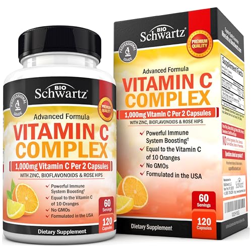 BioSchwartz Vitamin C Complex Supplement - Vitamin C 1000mg Capsules with Rose HIPS Zinc and Citrus Bioflavonoids for Immune Health Cellular Energy Collagen Production 120 Count (60 Day Supply)