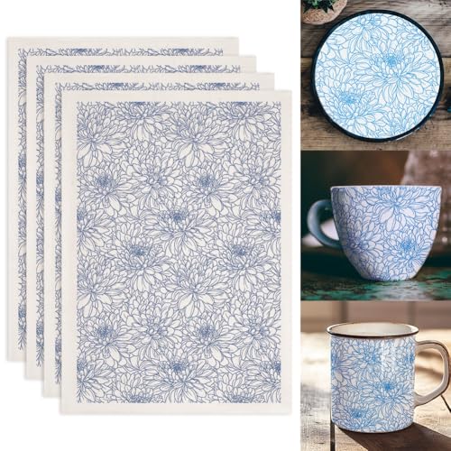 SUPERDANT 4 pegatinas de transferencia de crisantemos bajo vidriado para cerámica, diseño floral, pegatinas de transferencia de cerámica, transferencia de cerámica para cerámica, esmalte