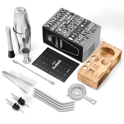Cocktail Shaker Set Boston mit Ständer & Rezeptbuch: Premium Edelstahl Bar Cocktailset Cocktailshaker Messbecher Strohhalme Barlöffel Stößel | Barkeeper Barset Cocktail-Zubehör Geschenk Frauen Männer