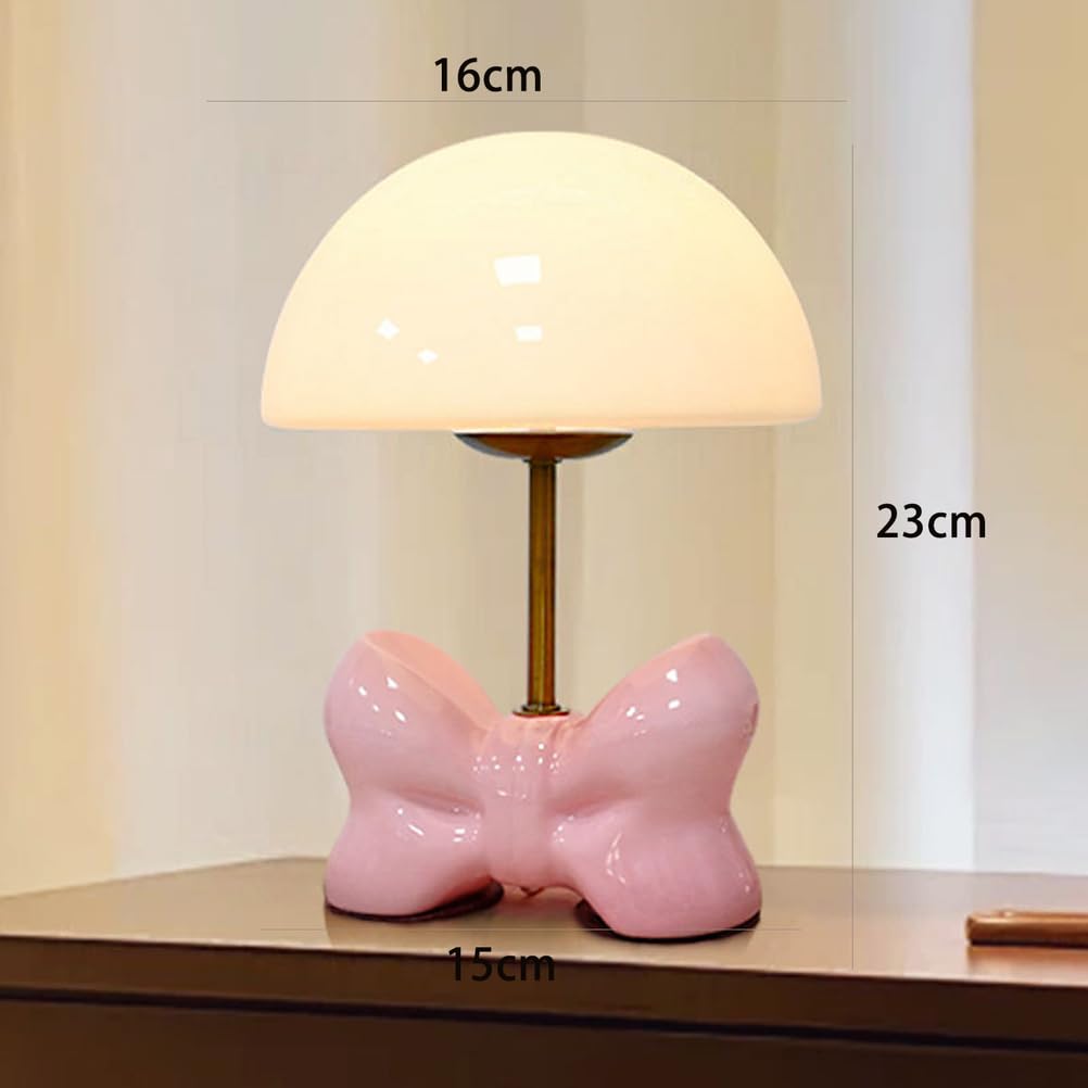 OOWOKS Tischlampe Rosa Pilz mit Kabel LED Nachtlampe 3 Farbtemperaturen mit Glas-Lampenschirm Kinder Tischleuchte Schleife Design Schlafzimmerlampe Deko Nachttischlampe für Kinderzimmer Wohnzimmer