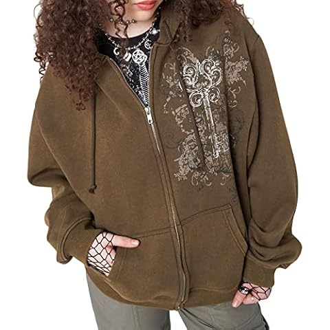 Harajuku Zip Up Sweatshirt for Women Vintage Graphic Aesthetic Harajuku Hoodie Cardigan Fairy Grunge Style Sweatshirt Coat (Brown Printed , M ) Cover