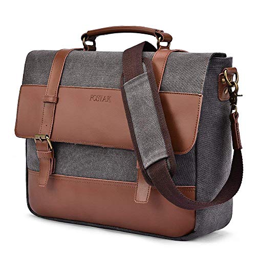 FOSTAK Bolso Bandolera Hombre, 15,6 Pulgadas. Amplia Bolsa Vintage de Tela y de Color Marrón para Libros, Escuela, Trabajo Gris Gris 15,6 pollici
