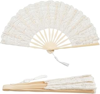 GORGECRAFT Beige Lace Hand Fan with Bamboo Sticks Chinese Style Vintage Folding Embroidered Floral Tassels Decorative for …