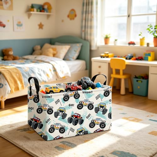Image of Rectangular Monster Truck Storage Basket | Fabric Organizer Bin for Books,Clothes,Gifts,Pets-Perfect for Home,Office,Nursery,Dorm,Shelf(Rec-Truck )