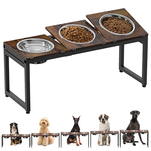 Ipixune Adjustable Elevated Dog Bowls Stand for Large Dogs - 15'' to 20.5'' Height Adjustable Triple Bowl Feeder with Wood Trays & Stainless Steel Bowls (3500ML Capacity) for Large, Giant Breeds