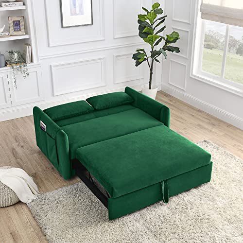 Holaki Convertible Velvet Sleeper Sofa Bed,55" Velvet Loveseat Sofa Modern Pull Out Sofa Bed Lounge Chaise With Adjustable Backrest,Grid Design Armrests And 2 Pillows,For Home Office(Green) #TOP2