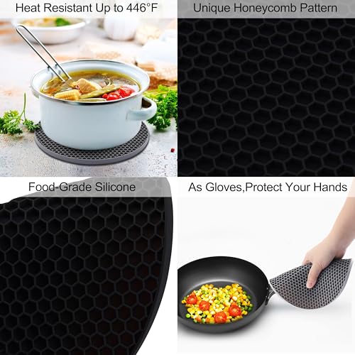 Image of 4 Pack Silicone Trivets for Hot Pots and Pans, Pot Holders Hot Pads, Non-Slip & Heat Resistant Silicone Mats for Kitchen Counter, Soft Durable Drying Mat, Jar Opener and Coasters (2 Black+2 Dark Grey)