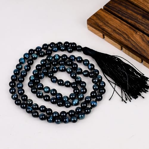 Collier de méditation œil de chat bleu naturel et œil de tigre noué main
