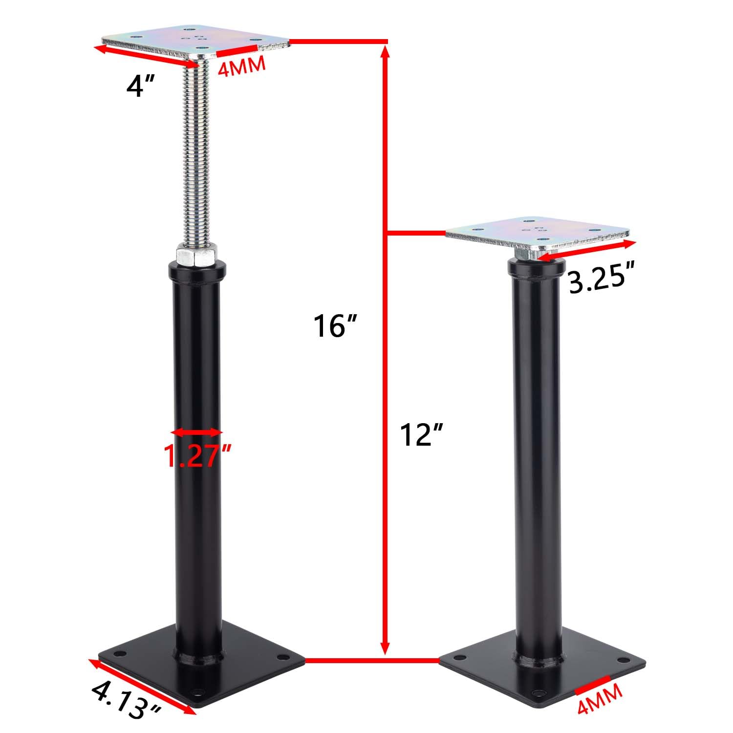 Paquete de 2 gatos de suelo ajustables, mini gato de tornillo, gato telescópico para soporte temporal, poste de 12 a 16 pulgadas (negro). (4)