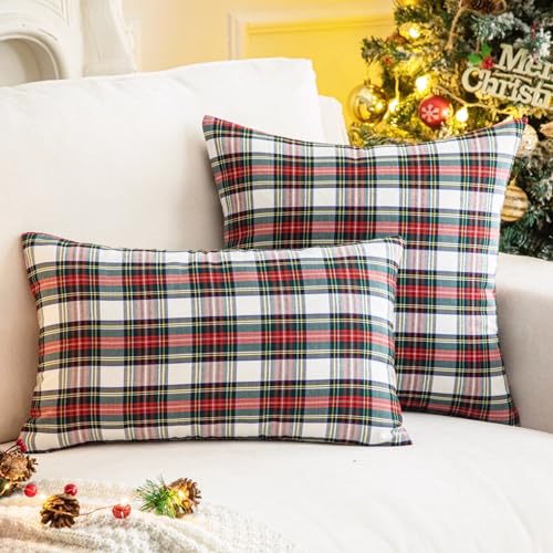 Image of AQOTHES Christmas Plaid Decorative Throw Pillow Covers Red White 12x20