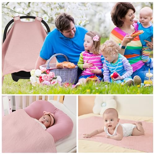Image of SERAPHY 100% Muslin Cotton Car Seat Cover Baby, Universal Carseat Covers, Breathable Baby Car Seat Canopy for Boys Girls, Soft Infant Car Seat Cover for Summer -Pink