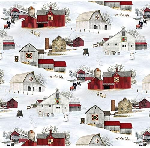 Headin Home Barn Quilts & Covered Bridges Snow Scenic from Elizabeth's Studio 100% Cotton Quilt Fabric by The Yard 4708 Snow