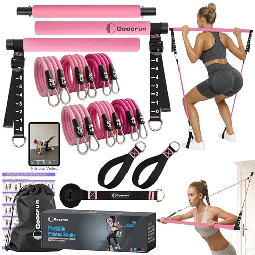 Image of Goocrun Portable Pilates Bar Kit with Resistance Bands for Men and Women - 3 Set Exercise Resistance Bands - Multifunctional Home Gym - Supports Full-Body Workouts - with Fitness Poster and Video