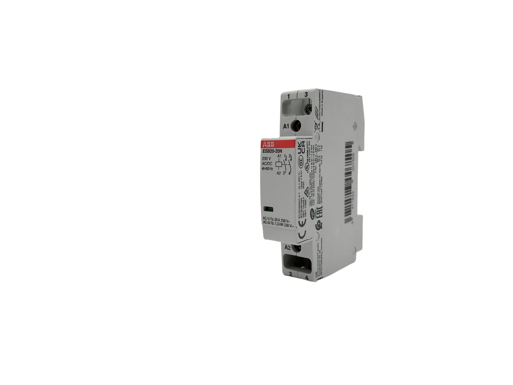 RASMACOR | Contactor modular ABB ESB20-20N-06 | Contactor mudular 2P 20A 2NA 230AC/DC | 18x85x65mm | Durabilidad mecánica:1000000 cycle